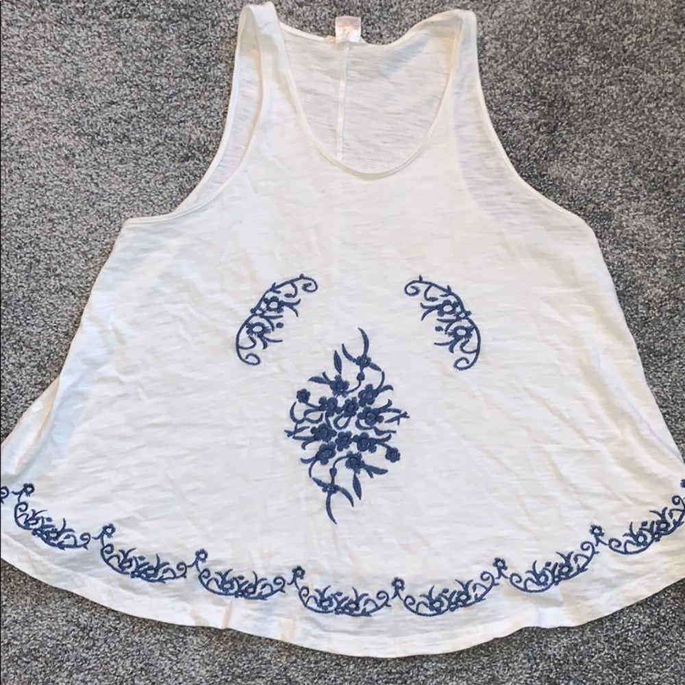 White tank with blue embroidery